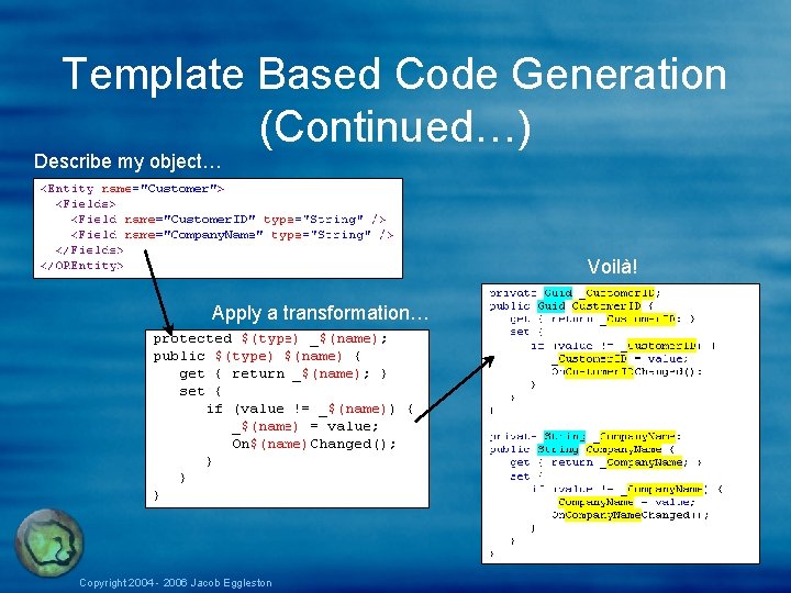 Template Based Code Generation (Continued…) Describe my object… Voilà! Apply a transformation… Copyright 2004 Template Based Code Generation (Continued…) Describe my object… Voilà! Apply a transformation… Copyright 2004