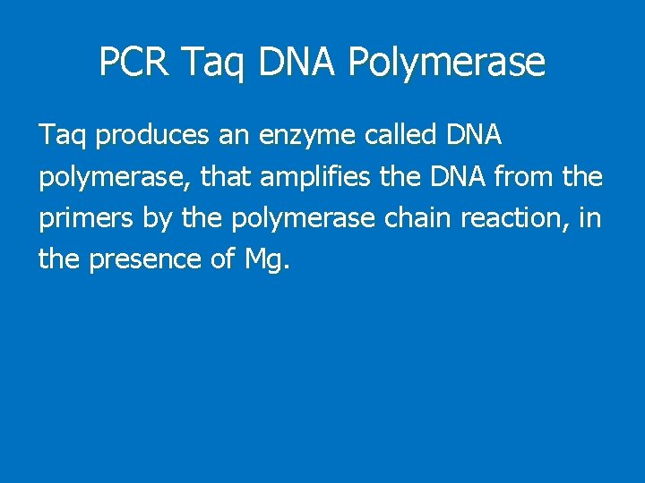 PCR Taq DNA Polymerase Taq produces an enzyme called DNA polymerase, that amplifies the