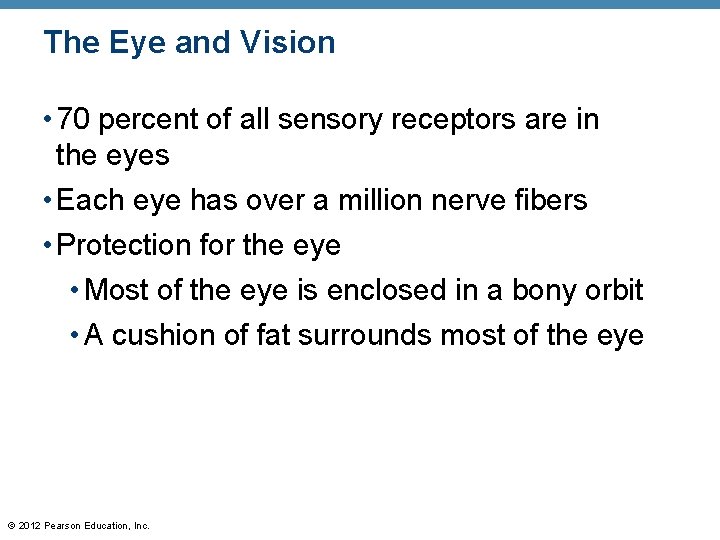 The Eye and Vision • 70 percent of all sensory receptors are in the The Eye and Vision • 70 percent of all sensory receptors are in the