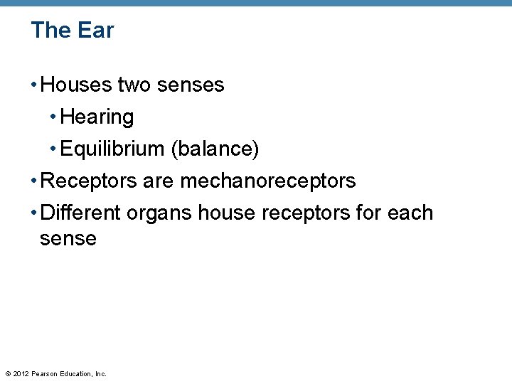 The Ear • Houses two senses • Hearing • Equilibrium (balance) • Receptors are The Ear • Houses two senses • Hearing • Equilibrium (balance) • Receptors are