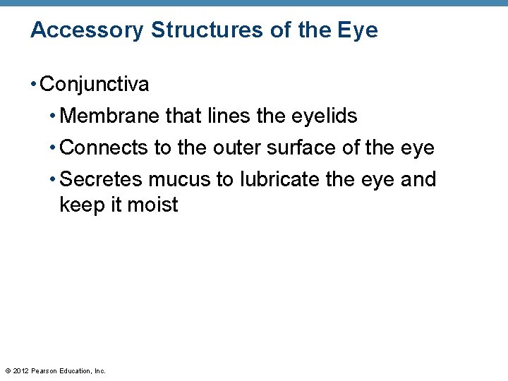 Accessory Structures of the Eye • Conjunctiva • Membrane that lines the eyelids • Accessory Structures of the Eye • Conjunctiva • Membrane that lines the eyelids •