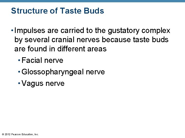 Structure of Taste Buds • Impulses are carried to the gustatory complex by several Structure of Taste Buds • Impulses are carried to the gustatory complex by several