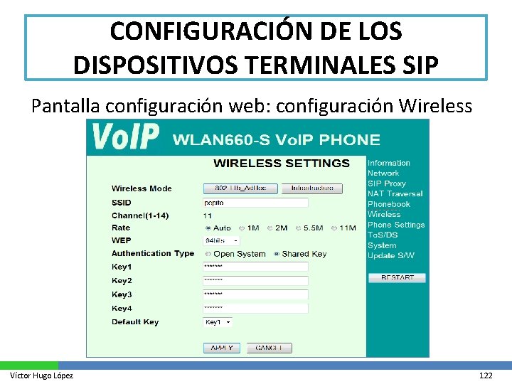 CONFIGURACIÓN DE LOS DISPOSITIVOS TERMINALES SIP Pantalla configuración web: configuración Wireless Víctor Hugo López