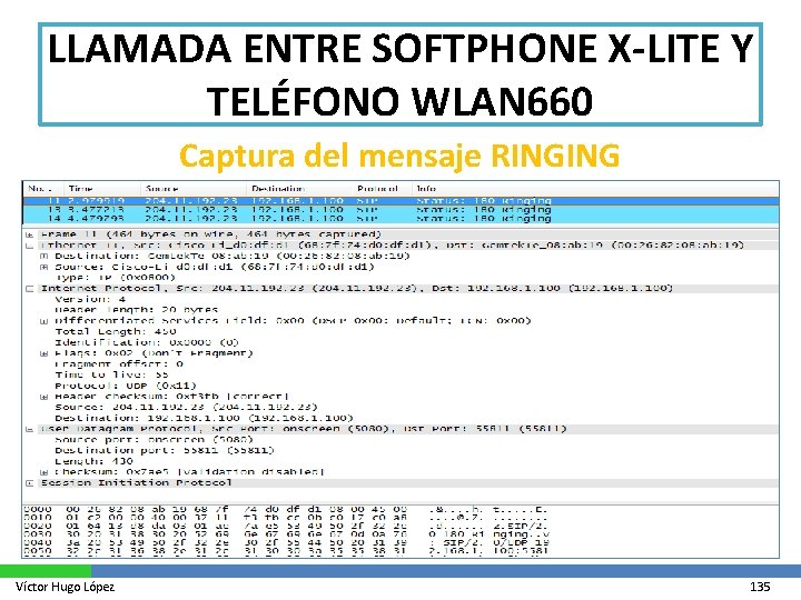LLAMADA ENTRE SOFTPHONE X-LITE Y TELÉFONO WLAN 660 Captura del mensaje RINGING Víctor Hugo