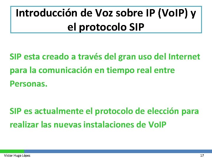 Introducción de Voz sobre IP (Vo. IP) y el protocolo SIP esta creado a