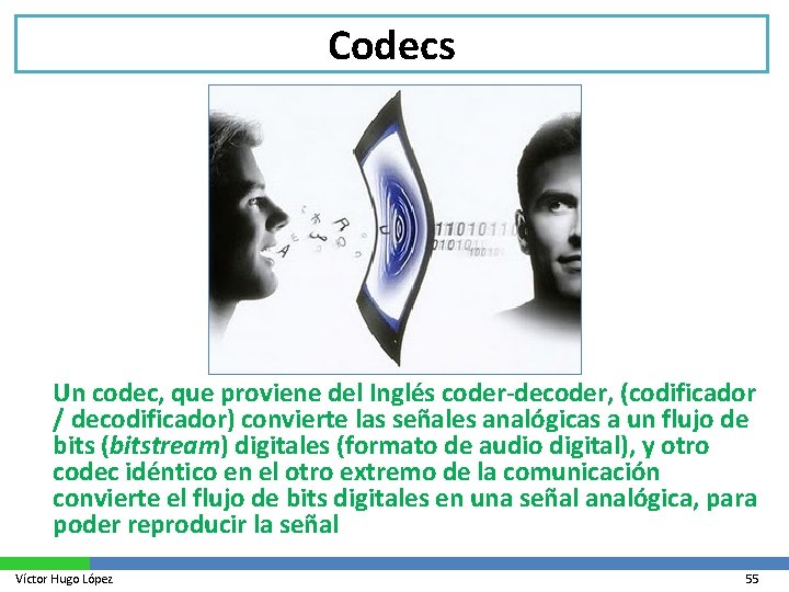 Codecs Un codec, que proviene del Inglés coder-decoder, (codificador / decodificador) convierte las señales