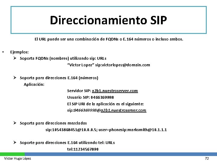 Direccionamiento SIP El URL puede ser una combinación de FQDNs o E. 164 números