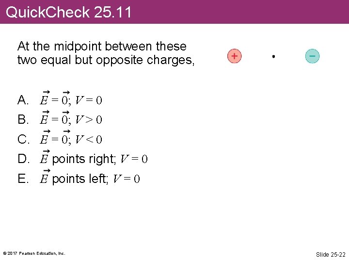 Quick. Check 25. 11 At the midpoint between these two equal but opposite charges,