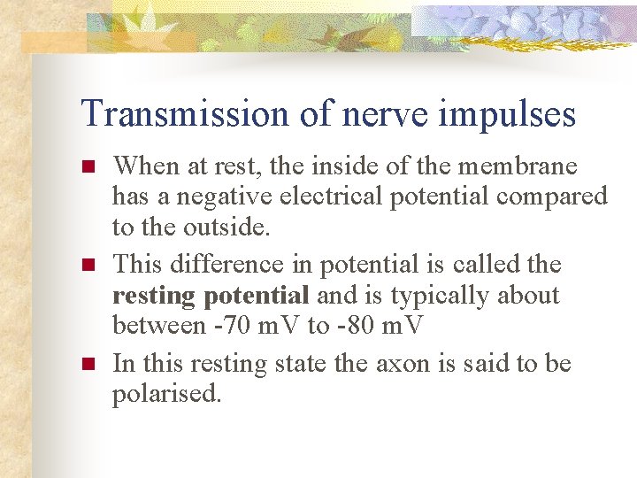 Transmission of nerve impulses n n n When at rest, the inside of the