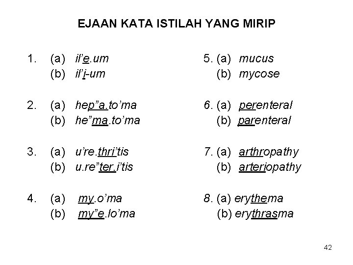 EJAAN KATA ISTILAH YANG MIRIP 1. (a) il’e. um (b) il’i-um 5. (a) mucus