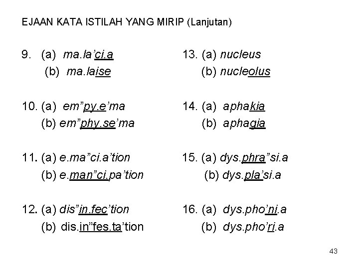 EJAAN KATA ISTILAH YANG MIRIP (Lanjutan) 9. (a) ma. la’ci. a (b) ma. laise