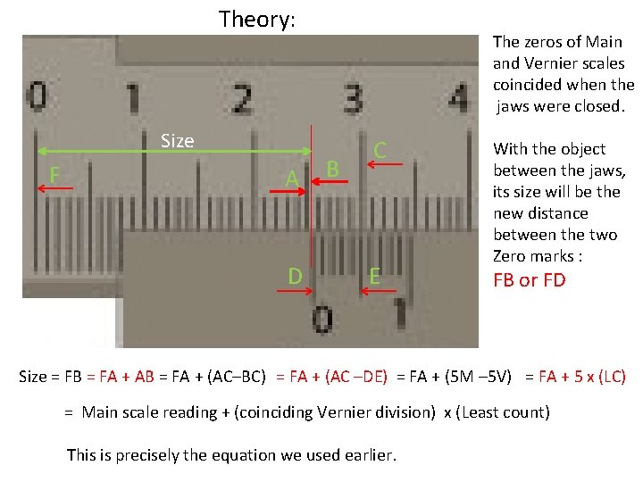 Theory: Size F A D The zeros of Main and Vernier scales coincided when