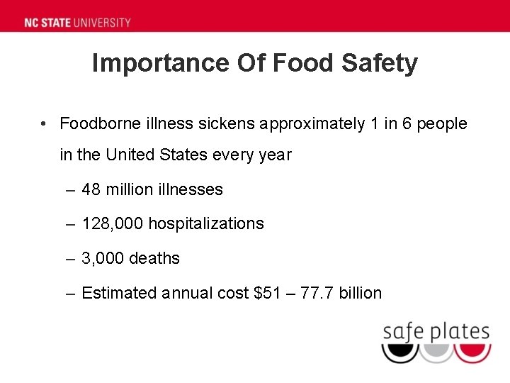 Importance Of Food Safety • Foodborne illness sickens approximately 1 in 6 people in
