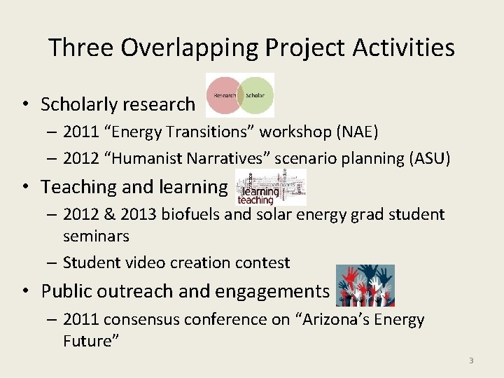 Three Overlapping Project Activities • Scholarly research – 2011 “Energy Transitions” workshop (NAE) –