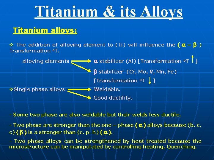 Titanium & its Alloys Titanium alloys: v The addition of alloying element to (Ti)