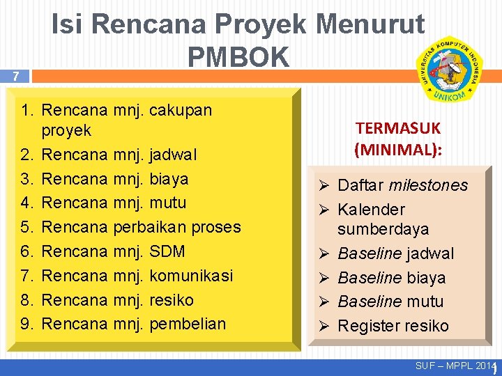 7 Isi Rencana Proyek Menurut PMBOK 1. Rencana mnj. cakupan proyek 2. Rencana mnj.