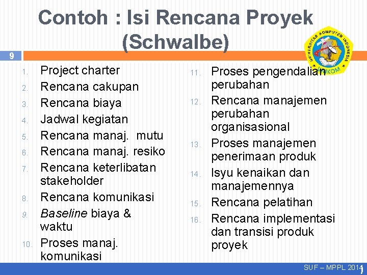 Contoh : Isi Rencana Proyek (Schwalbe) 9 1. 2. 3. 4. 5. 6. 7.