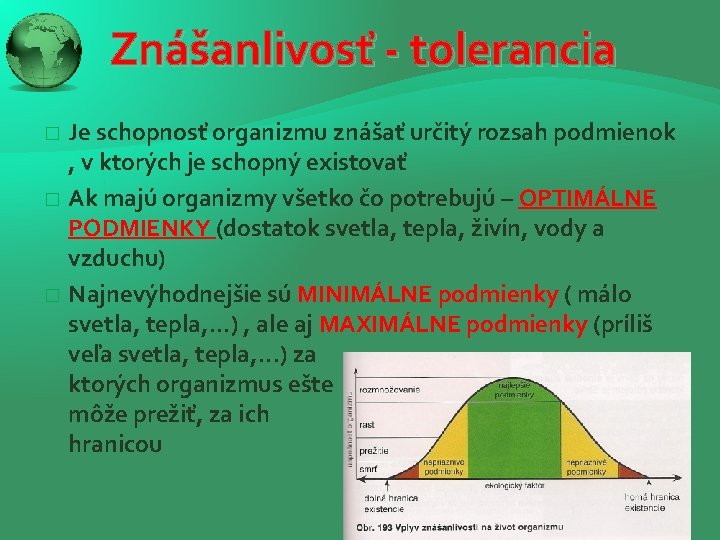 Znášanlivosť - tolerancia Je schopnosť organizmu znášať určitý rozsah podmienok , v ktorých je