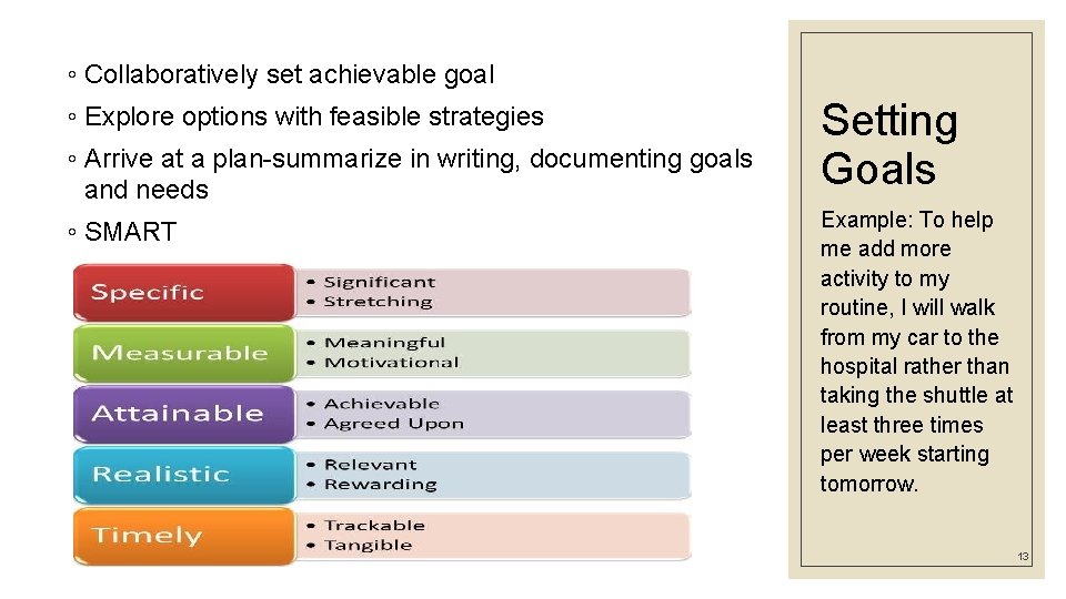 ◦ Collaboratively set achievable goal ◦ Explore options with feasible strategies ◦ Arrive at ◦ Collaboratively set achievable goal ◦ Explore options with feasible strategies ◦ Arrive at