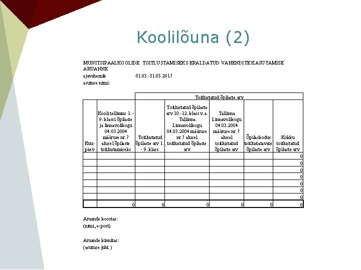 Koolilõuna (2) MUNITSIPAALKOOLIDE TOITLUSTAMISEKS ERALDATUD VAHENDITE KASUTAMISE ARUANNE ajavahemik 01. 03. -31. 03. 2017