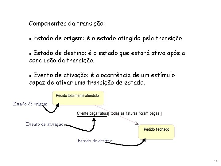 Componentes da transição: g Estado de origem: é o estado atingido pela transição. Estado