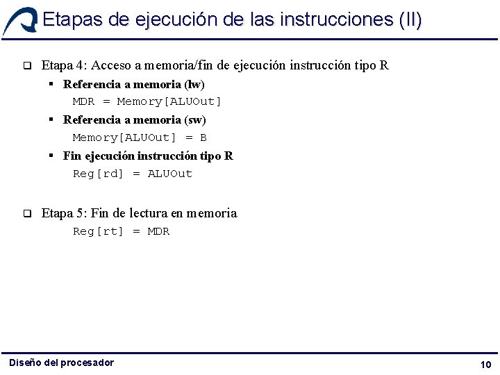 Etapas de ejecución de las instrucciones (II) q Etapa 4: Acceso a memoria/fin de Etapas de ejecución de las instrucciones (II) q Etapa 4: Acceso a memoria/fin de