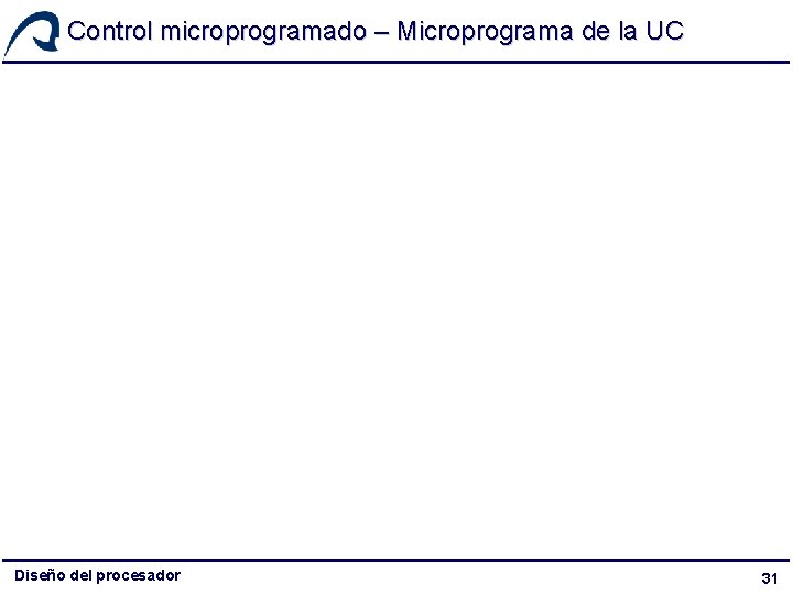Control microprogramado – Microprograma de la UC Diseño del procesador 31 Control microprogramado – Microprograma de la UC Diseño del procesador 31