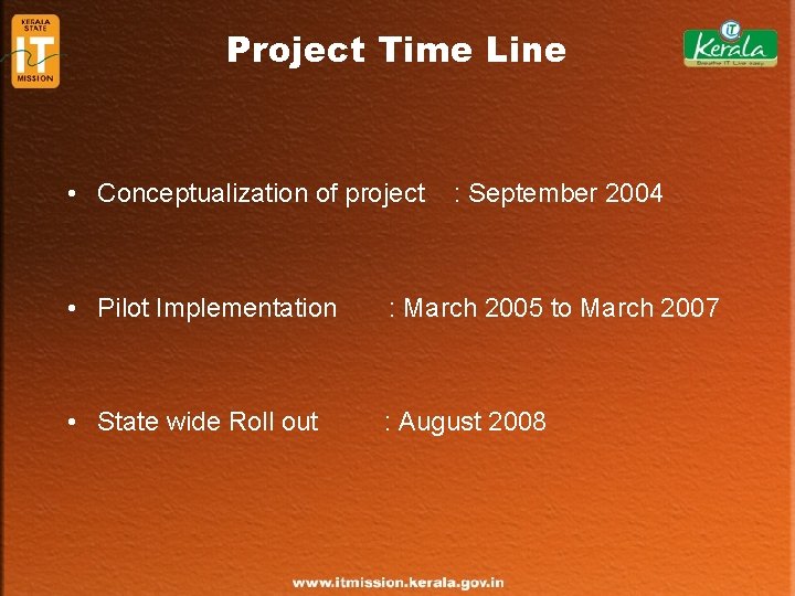 Project Time Line • Conceptualization of project : September 2004 • Pilot Implementation :