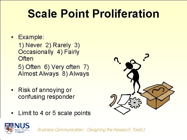 Scale Point Proliferation • Example: 1) Never 2) Rarely 3) Occasionally 4) Fairly Often