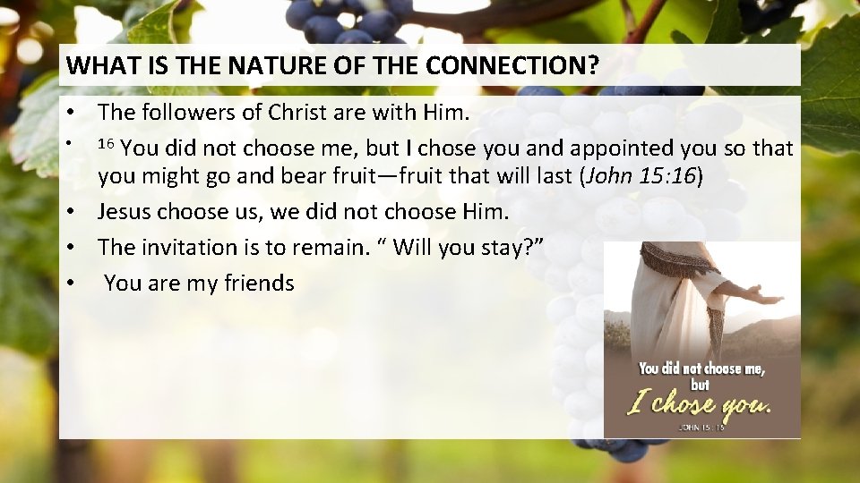 WHAT IS THE NATURE OF THE CONNECTION? • The followers of Christ are with