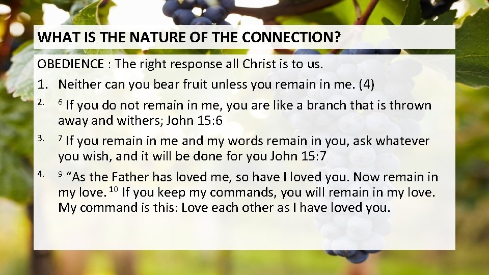 WHAT IS THE NATURE OF THE CONNECTION? OBEDIENCE : The right response all Christ