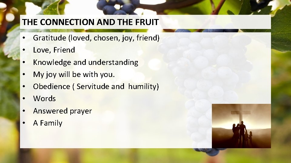 THE CONNECTION AND THE FRUIT • • Gratitude (loved, chosen, joy, friend) Love, Friend