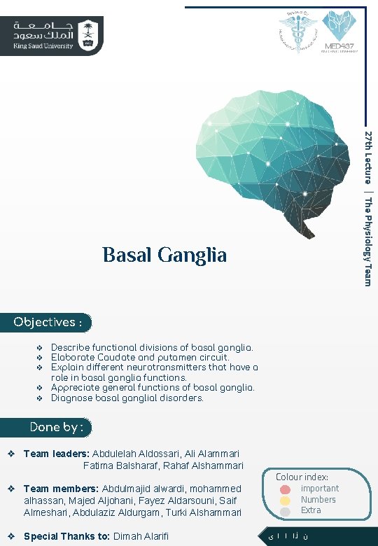 27 th Lecture ∣ The Physiology Team Basal Ganglia Objectives : Describe functional divisions