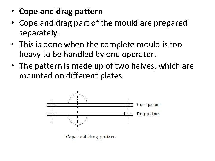  • Cope and drag pattern • Cope and drag part of the mould