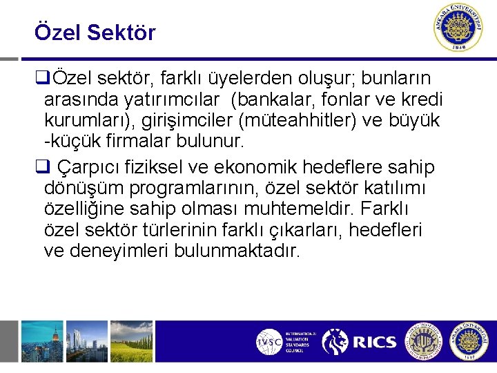 Özel Sektör qÖzel sektör, farklı üyelerden oluşur; bunların arasında yatırımcılar (bankalar, fonlar ve kredi