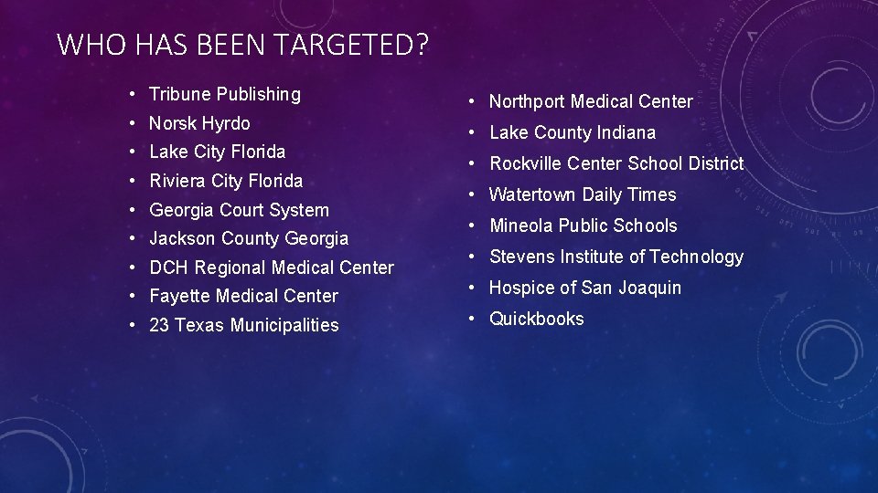 WHO HAS BEEN TARGETED? • Tribune Publishing • Norsk Hyrdo • Lake City Florida