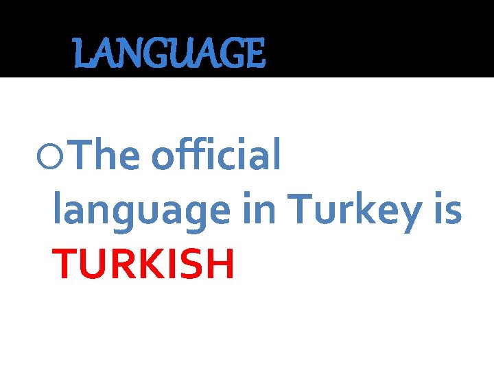 LANGUAGE The official language in Turkey is TURKISH 
