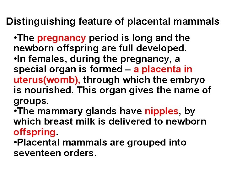 Distinguishing feature of placental mammals • The pregnancy period is long and the newborn