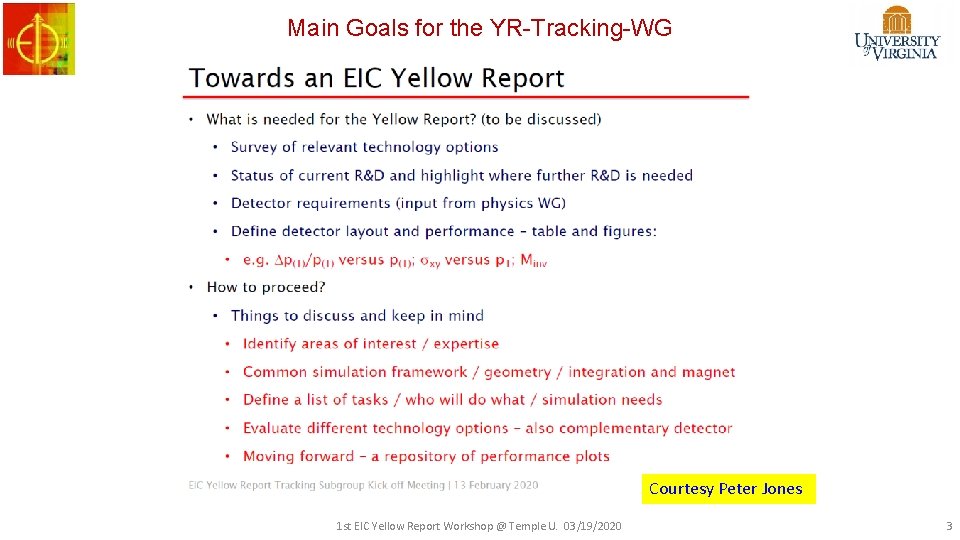 Main Goals for the YR-Tracking-WG Courtesy Peter Jones 1 st EIC Yellow Report Workshop Main Goals for the YR-Tracking-WG Courtesy Peter Jones 1 st EIC Yellow Report Workshop