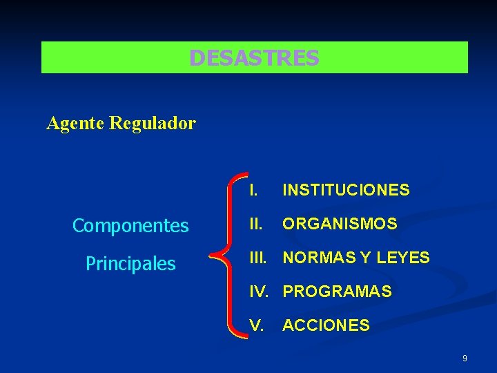 DESASTRES Agente Regulador Componentes Principales I. INSTITUCIONES II. ORGANISMOS III. NORMAS Y LEYES IV.