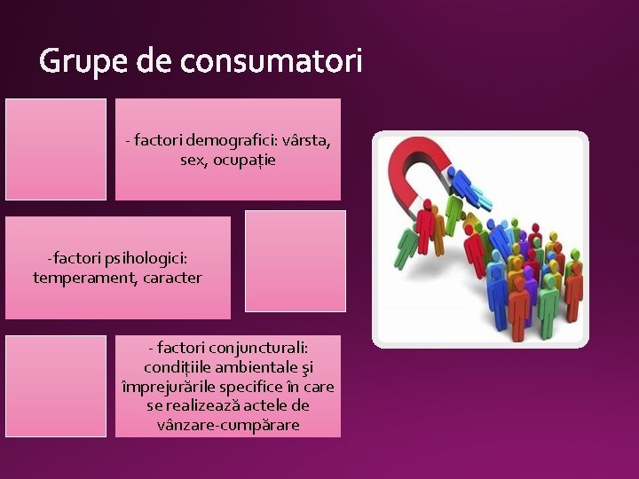 - factori demografici: vârsta, sex, ocupaţie -factori psihologici: temperament, caracter - factori conjuncturali: condiţiile