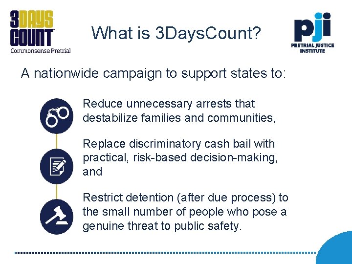 What is 3 Days. Count? A nationwide campaign to support states to: Reduce unnecessary