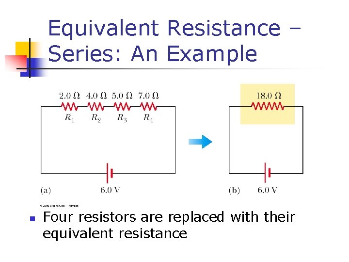 Equivalent Resistance – Series: An Example n Four resistors are replaced with their equivalent