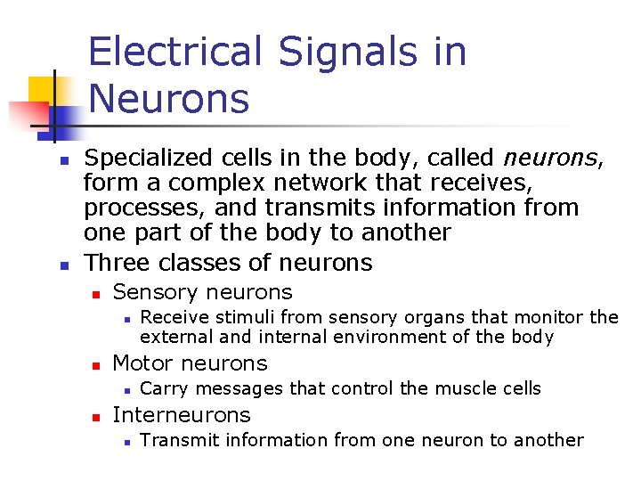 Electrical Signals in Neurons n n Specialized cells in the body, called neurons, form