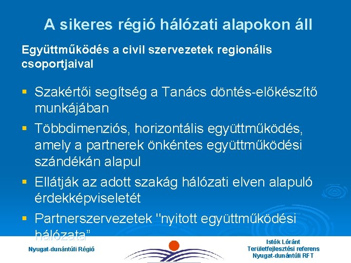 A sikeres régió hálózati alapokon áll Együttműködés a civil szervezetek regionális csoportjaival § Szakértői