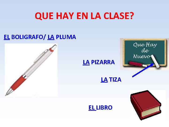 QUE HAY EN LA CLASE? EL BOLIGRAFO/ LA PLUMA LA PIZARRA LA TIZA EL