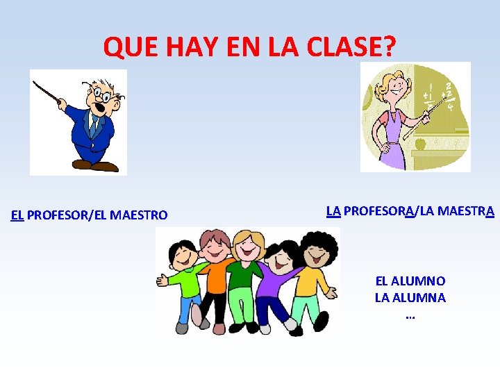 QUE HAY EN LA CLASE? EL PROFESOR/EL MAESTRO LA PROFESORA/LA MAESTRA EL ALUMNO LA