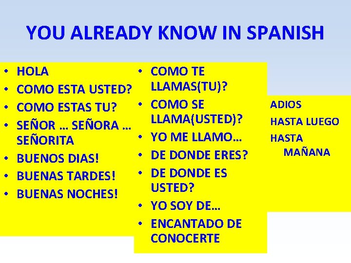 YOU ALREADY KNOW IN SPANISH HOLA COMO ESTA USTED? COMO ESTAS TU? SEÑOR …