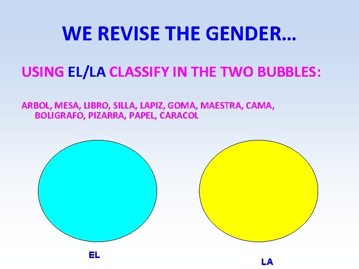 WE REVISE THE GENDER… USING EL/LA CLASSIFY IN THE TWO BUBBLES: ARBOL, MESA, LIBRO,