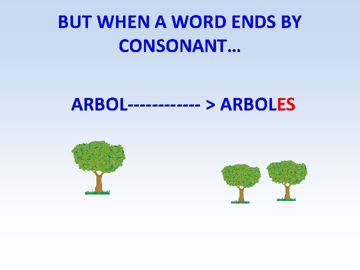 BUT WHEN A WORD ENDS BY CONSONANT… ARBOL------ > ARBOLES 